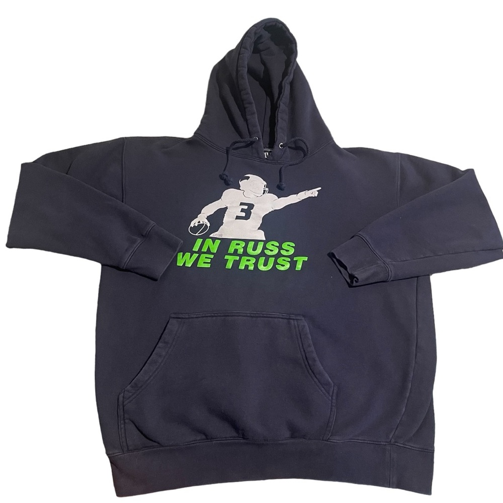 Russell Wilson Hoodie Men Large Blue Football‎ Sweatshirt Pullover Heavyweight